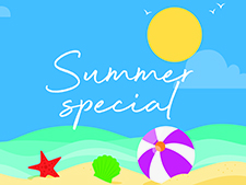 Summer special on beach background with surfboard and sun
